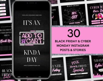 Black Friday Instagram Canva Templates: Pink and Black Cyber Monday Posts & Stories (Digital Download)