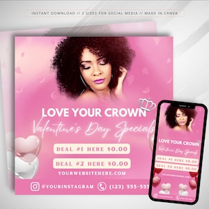 Valentine&#39;s Hair Flyer: February Booking Template (Canva, Digital Download)