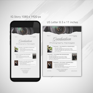 Smartphone with the IG story version of the graduation photography flyer which is 1080 x 1920 pixels. Printable version, US Letter 8.5 x 11 inches.