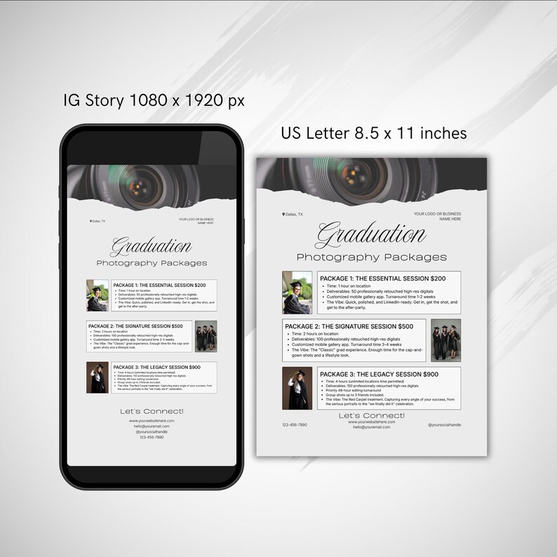 Smartphone with the IG story version of the graduation photography flyer which is 1080 x 1920 pixels. Printable version, US Letter 8.5 x 11 inches.