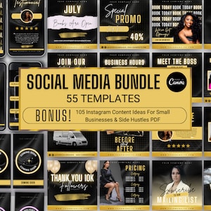 Black & Gold Hair Instagram Templates: Social Media Kit (55 Canva Templates)