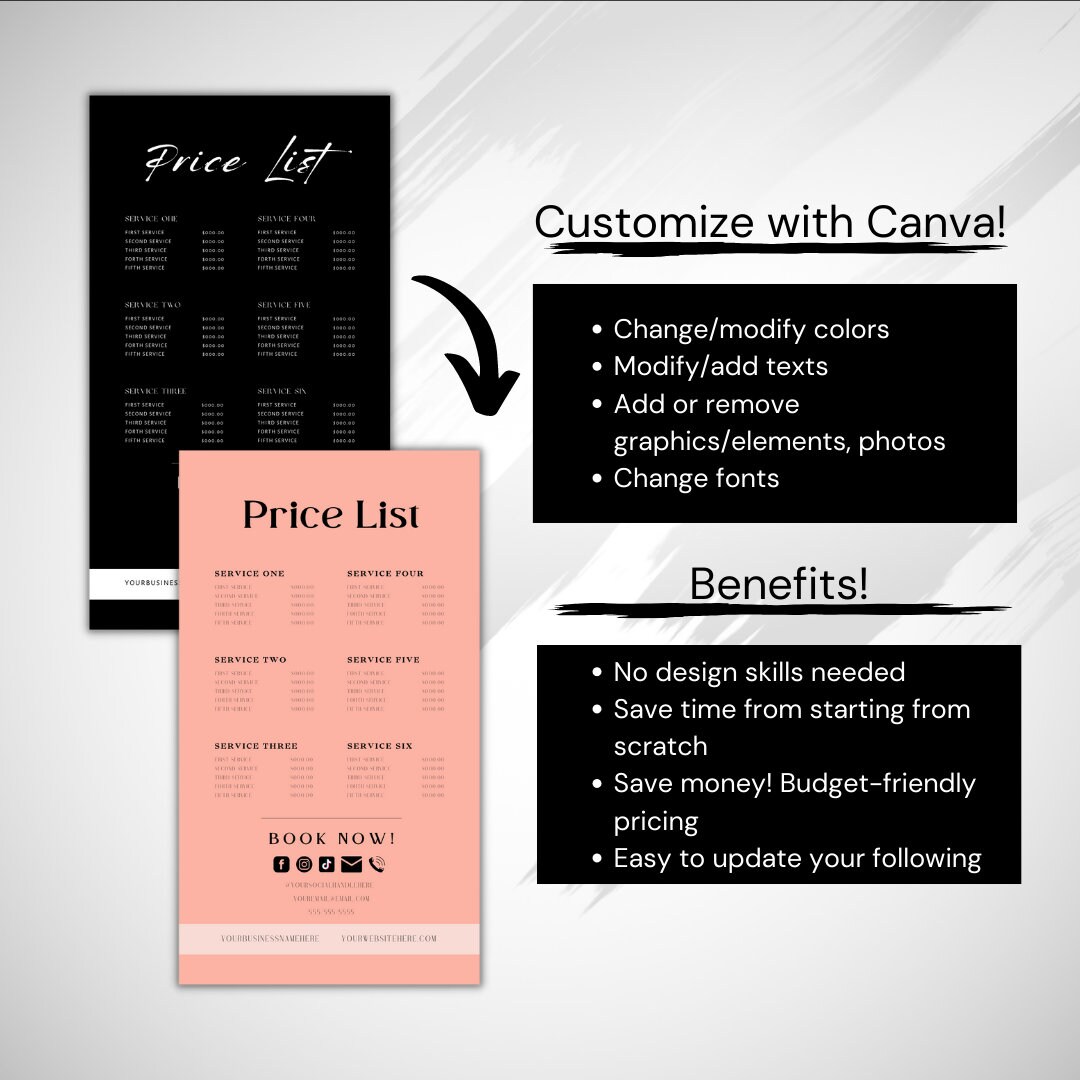 Price List Template Black and White, Salon Price List, Editable Price List, Digital Price List