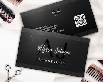 Luxury Hairstylist Business Card with QR Code: Black and White Canva Template