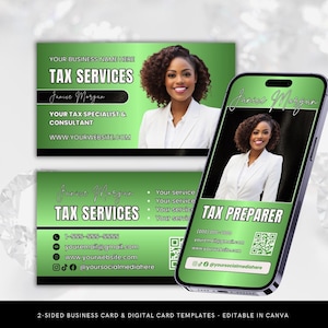 Può includere: Un modello di biglietto da visita verde e nero per un preparatore fiscale. Il biglietto presenta una foto di una donna, il testo "Tax Services" e "Tax Preparer", informazioni di contatto e un codice QR. Il modello è modificabile in Canva.