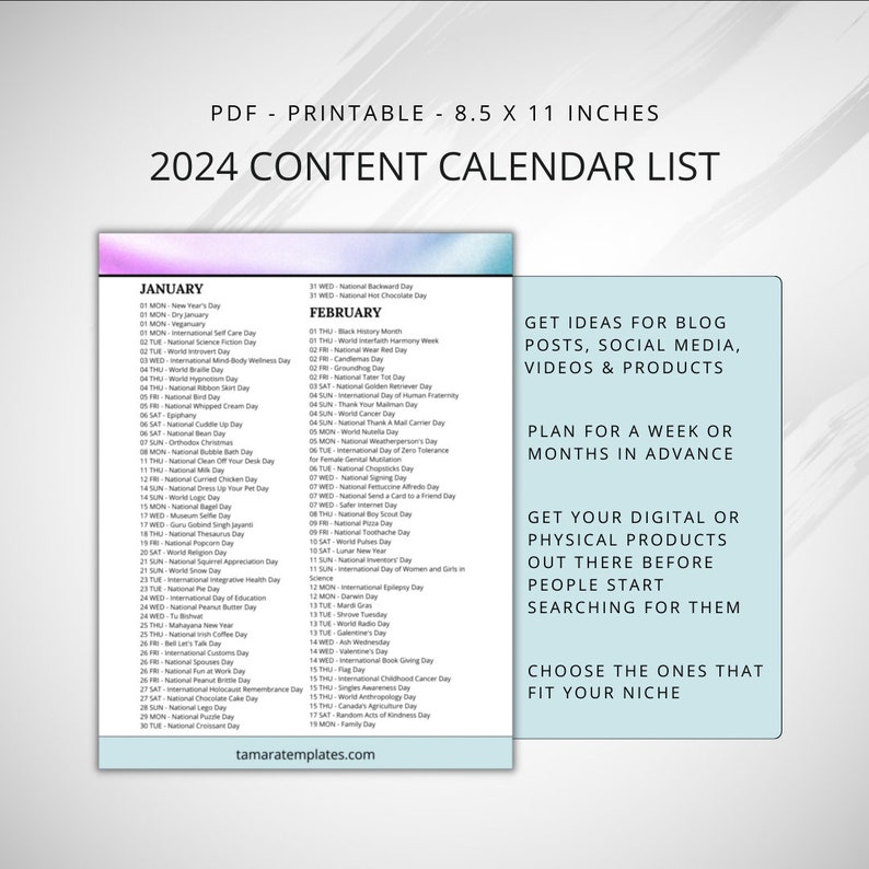 National Days Calendar 2024. Social Media Planning. Important Dates