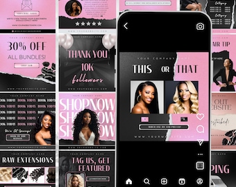 Pink & Black Hair Flyer Templates: Luxury Instagram Post Bundle (Canva)