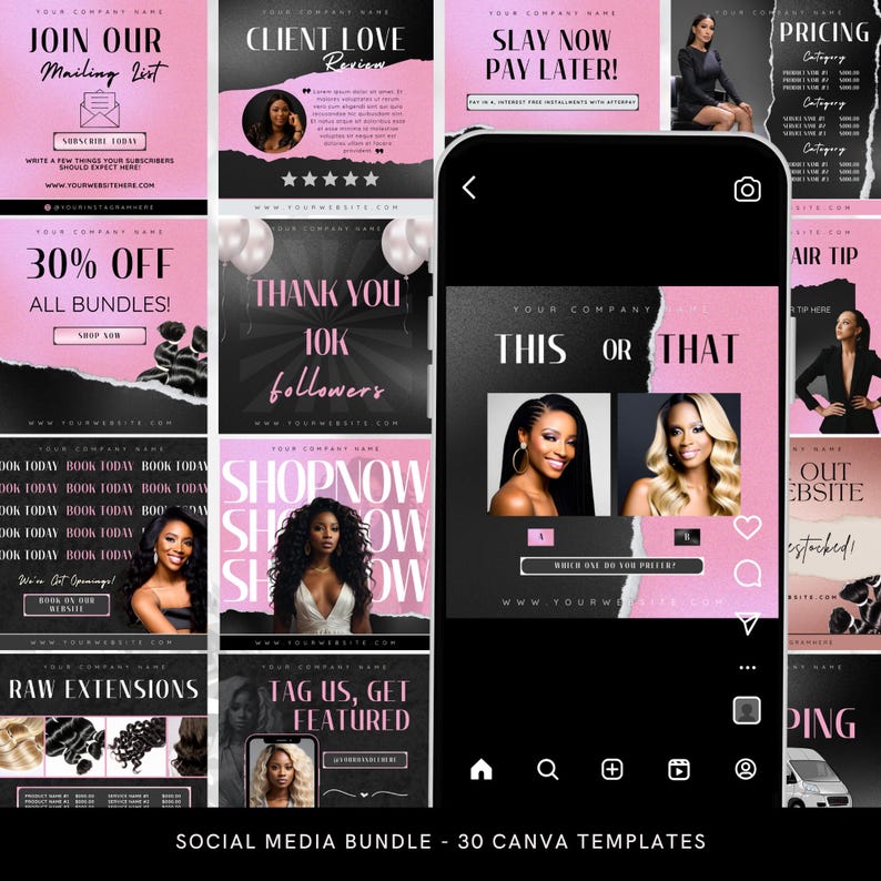 Pink & Black Hair Flyer Templates: Luxury Instagram Post Bundle (canva ...