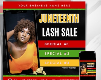 Juneteenth Celebration Flyer - Lash Extensions Flyer - Lash Deal Flyer - June Bookings Are Open Flyer - Hair Lashes Wigs Nails Braids