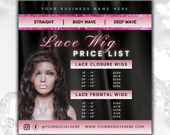 Editable Wig Price List Flyer: Black and Pink Canva Template for Hair Extensions & Salons