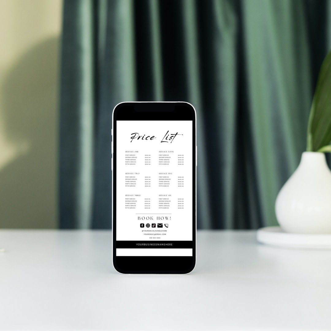 Price List Template Black and White, Salon Price List, Editable Price List, Digital Price List