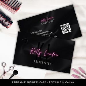 Neon Pink Hairstylist Business Card with QR Code Canva Template