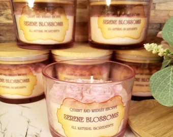 Serene Blossoms, artisan candles handmade all natural ingredients all natural soy wax with white quartz crystals