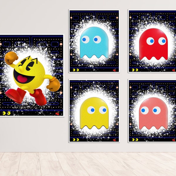 PacMan Digital Download Printable Posters set of 5 Home Game Room Kids Room Wall Art Decoration Gift for him or her Original Retro Artwork