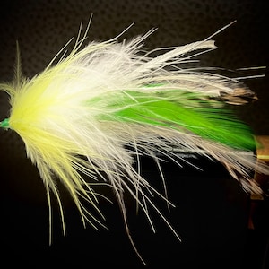 May include: A fly fishing lure with white, yellow, and green feathers.