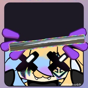 May include: A digital illustration of a cartoon character with purple, blue, and yellow hair. The character has a silver bar across their eyes and the text "THROW ITEM!" is at the bottom of the image. The text "VTUBER PLUS" is at the top of the image.