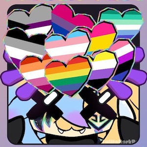 May include: A digital art graphic with the text "VTUBER PLUS" and "THROW ITEM!". The image features multiple heart shapes with various pride flag designs, set against a cartoon character background with a purple and blue color scheme.