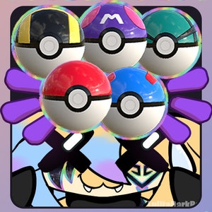 Puede incluir: Una ilustración colorida de un personaje con cabello morado y un atuendo blanco y negro. El personaje lleva un par de gafas con cinco Poké Balls delante de él. Las Poké Balls son rojas, azules, verdes, moradas y negras y amarillas. El texto "VTUBER PLUS" está en la parte superior de la imagen y "THROW ITEM!" está en la parte inferior.