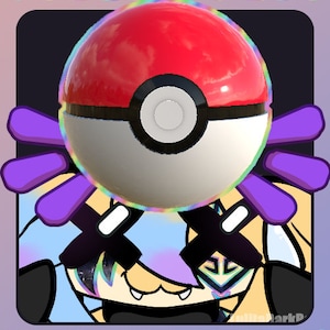 Peut inclure: Une illustration numérique d'un personnage de dessin animé avec des cheveux violets et un masque facial noir et blanc. Le personnage porte une chemise bleu et blanche. Un Pokéball rouge et blanc flotte au-dessus de la tête du personnage. Le texte "VTUBER PLUS THROW ITEM!" est en bas de l'image.