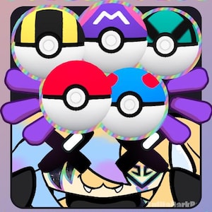 Op de afbeelding: Een digitale illustratie met vijf kleurrijke Poké Ball-stijl ontwerpen met verschillende patronen en kleuren, waaronder geel, paars en blauw. De tekst "VTUBER PLUS" en "THROW ITEM!" staat boven en onder de ballen.