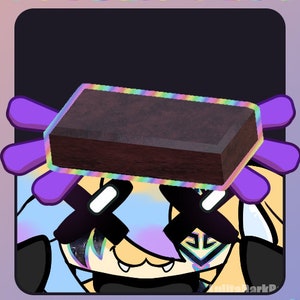 May include: A digital illustration of a cartoon character with purple and blue hair wearing a black mask with a white X on it. The character is holding a brown brick with a rainbow border above their head. The text "VTUBER PLUS" is at the top of the image and "THROW ITEM!" is at the bottom.