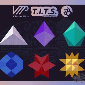 May include: A digital graphic featuring six geometric shapes in white, purple, teal, blue, red, and yellow. Text at the top reads VTuber Plus, T.I.T.S. BY: REMASURI3, and a paw print icon. The background is dark with faint, stylized line art.