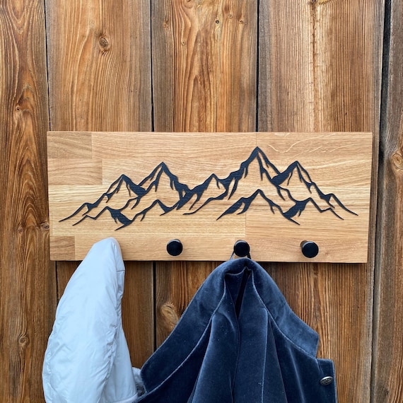 Coat Rack With Mountain Range Made of Oak Wood Coat Hooks Coat