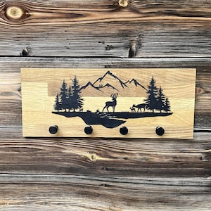 Coat rack with mountain range and deer made of oak wood | Coat hooks | Coat rail | Wall coat rack | Towel holder