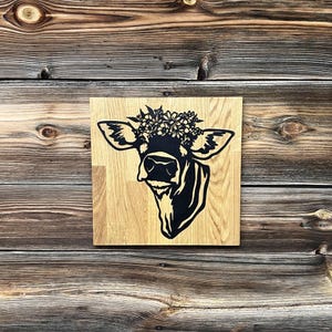 Wall picture cow with flowers | Wooden wall art l Wall decoration l Agriculture l Wood art | Wall decoration | Oak | Wooden sign | Farm