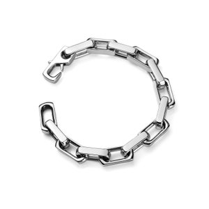 May include: A silver chain bracelet with a clasp fastening. The bracelet is made of interlocking rectangular links.
