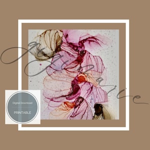 Puede incluir: Impresión de arte abstracto con colores rosados, morados y marrones que se arremolinan. La obra de arte tiene un efecto de acuarela y es perfecta para agregar un toque de arte moderno a la decoración de tu hogar.