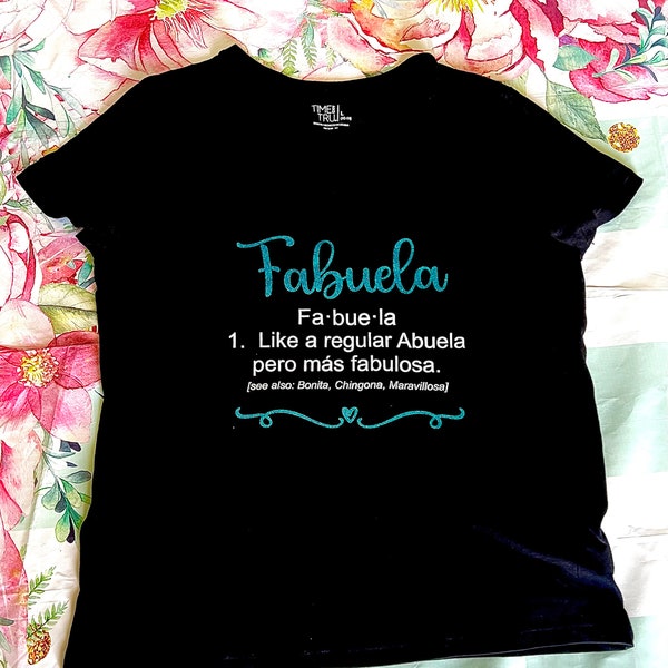 Fabuela Glitter V-Neck Black shirt for Fabulous Abuela’s & Grandma’s! Great grandma / abuela gift! Sparkly glitter on 100% Pima Cotton shirt