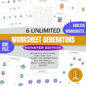 6 Pre-K Kindergarten Worksheet Generators Monster Edition | Unlimited Printable Worksheets | Commercial Use | Math & Logic Activities