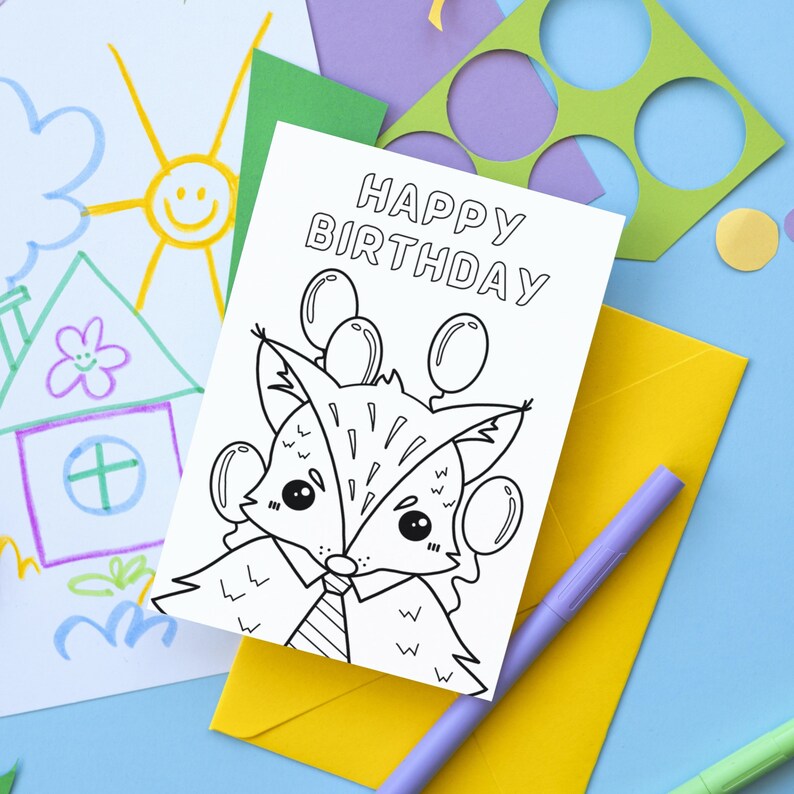 Coloring Birthday Card for Kids Cute Fox Printable Birthday - Etsy