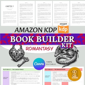 May include: A promotional image for an Amazon KDP book builder kit. The design features the text "AMAZON KDP BOOK BUILDER KIT ROMANTASY" with a lock and key graphic, a dragon illustration, and Canva and 121 Press logos. The image includes plot ideas for a cursed prince and a dragon rider.