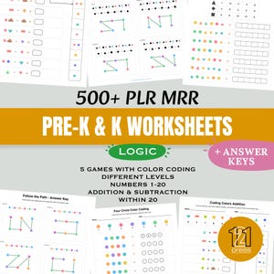 May include: A collection of educational worksheets featuring logic games, color coding, and math exercises for numbers 1-20. The pages include addition and subtraction problems, path-following activities, and answer keys, labeled 500+ PLR MRR PRE-K & K WORKSHEETS.