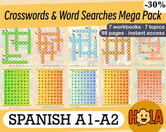 Spanisch Kreuzworträtsel & Wortsuche Mega Pack | 7 Workbooks, 7 Themen, A1-A2 Level | PDF-Download