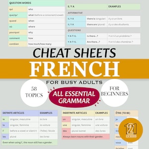 May include: A French language educational cheat sheet featuring tables for question words, grammar rules, definite and indefinite articles, and verb conjugations. The document includes the text Cheat Sheets French For Busy Adults, 58 Topics, and 121 Press.