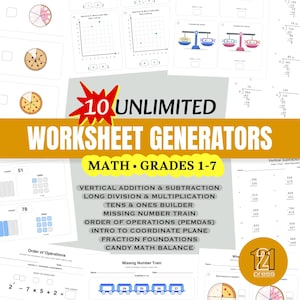 Może przedstawiać: Zbiór arkuszy matematycznych dla klas 1-7 z 10 nieograniczonymi generatorami. Tekst brzmi 10 UNLIMITED WORKSHEET GENERATORS MATH GRADES 1-7. Widoczne ćwiczenia obejmują odejmowanie w słupku, dzielenie, układy współrzędnych oraz podstawy ułamków.