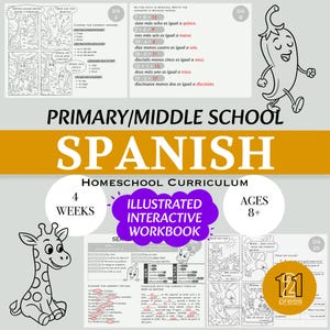 Spanish Homeschool Curriculum for Primary/Middle School | Ages 8+ | Illustrated Interactive Workbook (PDF)