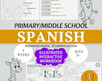 Spanish Homeschool Curriculum for Primary/Middle School | Ages 8+ | Illustrated Interactive Workbook (PDF)