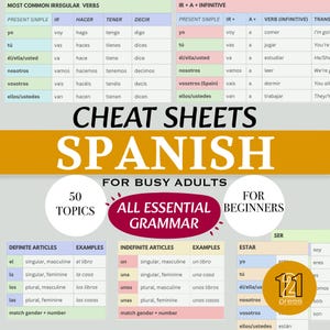 Puede incluir: Una hoja de trucos de español para principiantes, con temas de gramática y conjugaciones verbales. El gráfico colorido incluye ejemplos de artículos definidos e indefinidos y verbos irregulares comunes. El texto incluye "Cheat Sheets Spanish" y "All Essential Grammar".