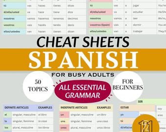 Spanish Grammar Cheat Sheets A0+ | 50 Topics for Beginners | Quick