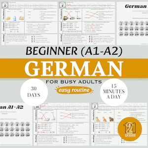 May include: A German language learning workbook for beginners (A1-A2). The workbook includes vocabulary, grammar, and reading exercises. The cover features the word "GERMAN" in large letters, with the text "FOR BUSY ADULTS" and "15 MINUTES A DAY".