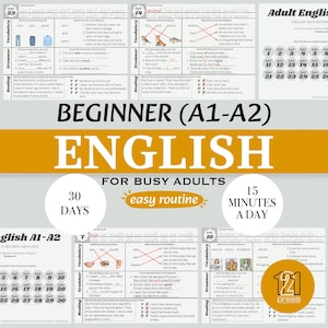 Op de afbeelding: Een werkboek Engels voor beginners, ontworpen voor drukke volwassenen. Het biedt een programma van 30 dagen met dagelijkse lessen van 15 minuten, met woordenschat, grammatica en leesvaardigheid.