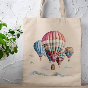Hot Air Balloons Tote, Sky Tote, Reusable Tote, Shopping Tote, Grocery Tote, Outdoors Tote, Book Tote, Cotton Canvas Tote Bag