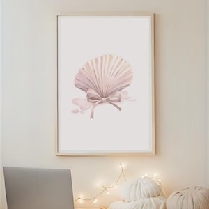 Stampa artistica da parete con conchiglia rosa: decorazione costiera femminile (download digitale)
