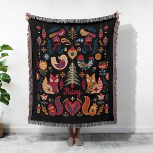 Scandinavian Folk Christmas Art Blanket, Personalized Woven Tapestry,Norwegian Swedish Sofa Throw, Woodland Animals, Christmas Gift