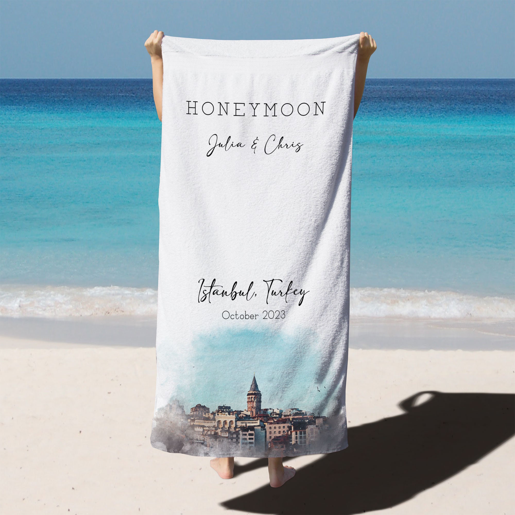 Custom Destination Vacation Beach Towels, Personalized Beach House Towel, Family Trip, Bachelorette Trip, Honeymoon Gift, Keepsake Gift