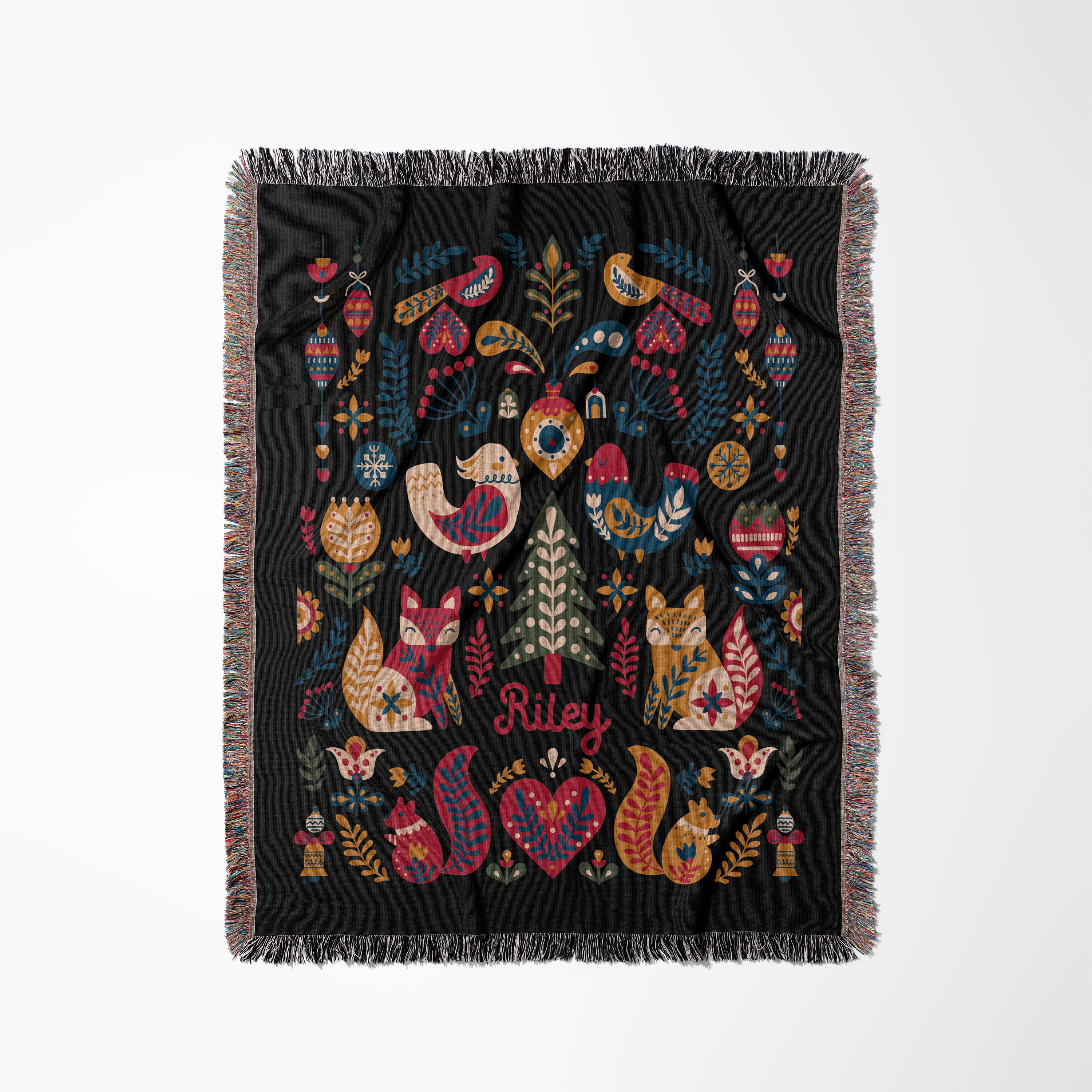Scandinavian Folk Christmas Art Blanket, Personalized Woven Tapestry,Norwegian Swedish Sofa Throw, Woodland Animals, Christmas Gift