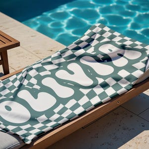 Personalized Retro Checkered Beach Towel, Custom Name Towel for Kids